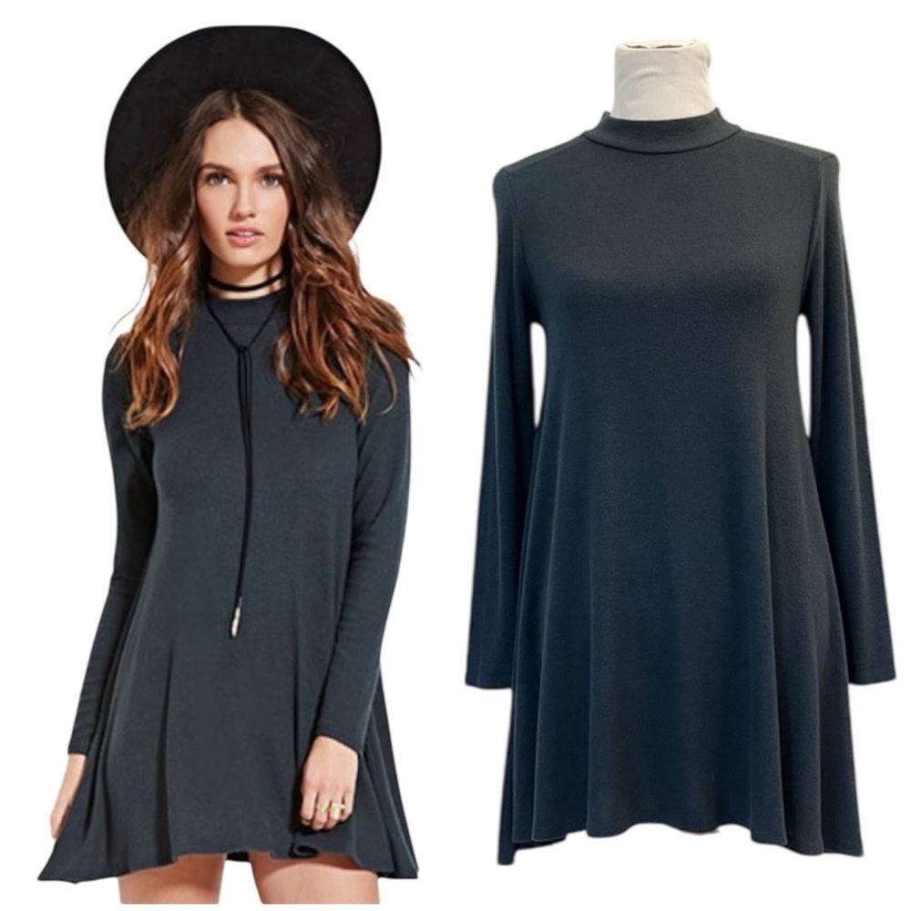 F21 - Brushed Knit Mock Neck Swing Trapeze Mini Dress | Hunter Green, Small